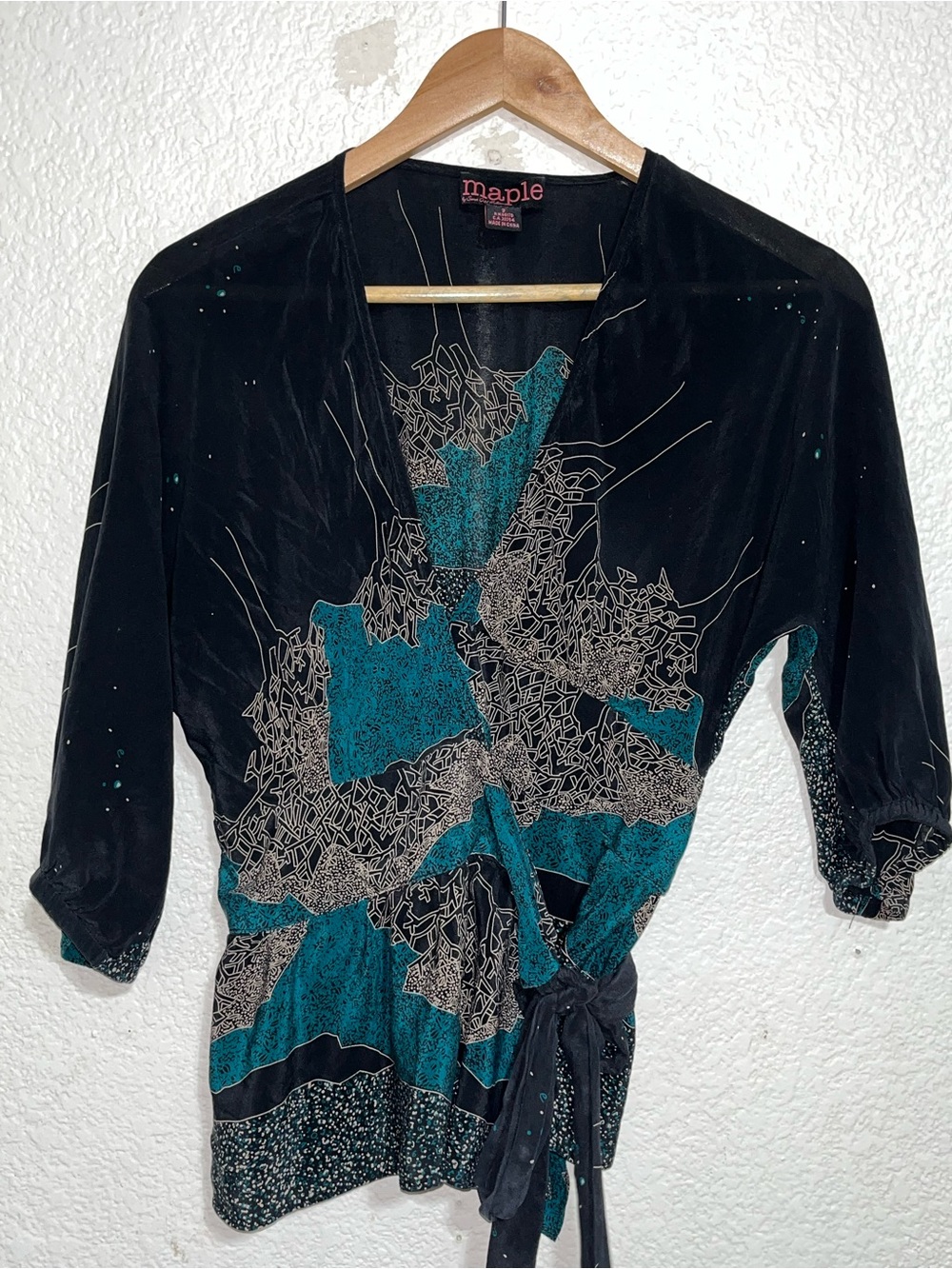 Maple by Some Odd Rubies Black & Teal Silk Wrap Blouse